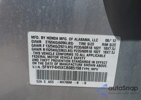 2012 Honda Pilot Ex-L z USA, uszkodzony, nr VIN 5FNYF4H5XCB085198